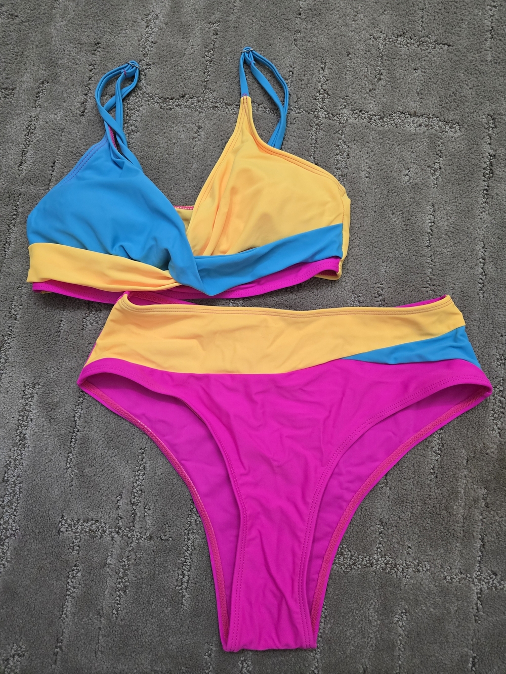 Colorblock High-Waist Bikini Set in Pink, Yellow & Blue